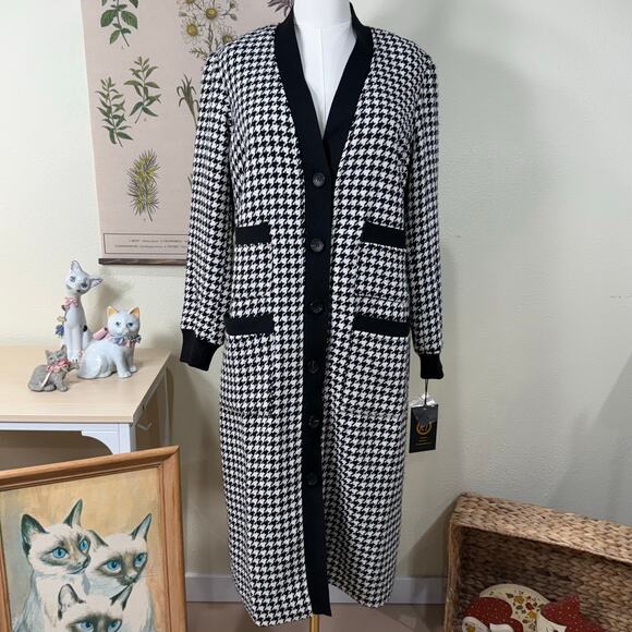 Kathy Ireland Tweed Wool Blend Coat Duster Jacket Houndstooth Heritage NWT L - Picture 1 of 7